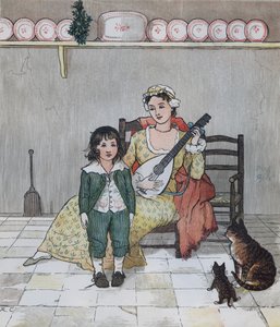 Elegia na śmierć wściekłego psa” Olivera Goldsmitha. Mistrz Bill Primrose przygotowuje się do zaśpiewania historii. Ilustracja autorstwa Randolpha Caldecotta autorstwa Randolph Caldecott