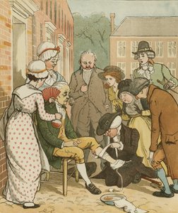 Elegia na śmierć wściekłego psa” Olivera Goldsmitha. Sąsiedzi ubierają dobrego człowieka ugryzienia Islingtona. Ilustracja: Randolph Caldecott