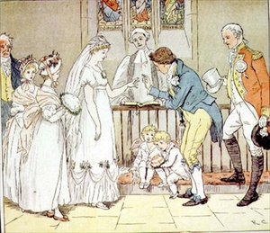 „I bardzo nierozważnie poślubiła fryzjera” z „Wielkiego Panjandrum”, wyd. Frederick Warne & Co. (kolorowy grawerunek) autorstwa Randolph Caldecott