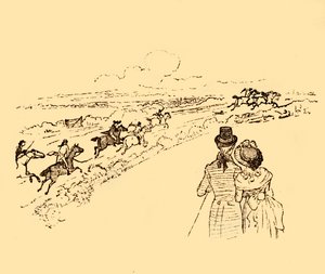 Przechodnie patrzą, jak John Gilpin jest ścigany przez wieś, 1878, c1918. autorstwa Randolph Caldecott