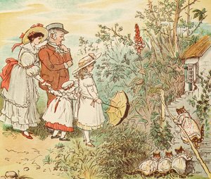 Kotka i jej kocięta wpadły do środka, z "A Frog He Would A-Wooing Go". autorstwa Randolph Caldecott
