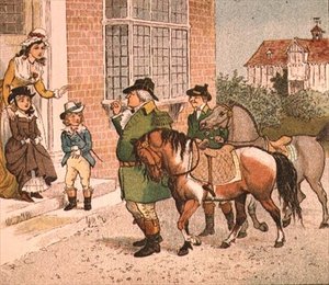 Ilustracja z filmu Jeździć na koniu do Banbury Cross (Przynoszenie koni dzieciom) autorstwa Randolph Caldecott