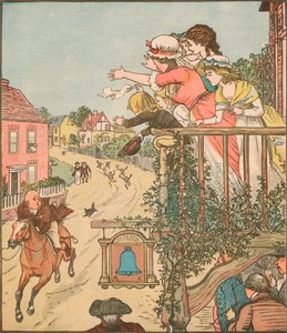 John Gilpin galopuje obok Bell Inn, gdy jego żona i dzieci machają z balkonu, 1878, c1918. autorstwa Randolph Caldecott