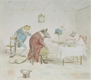 „Módl się, panno Mysz, czy dasz nam trochę piwa”, ilustracja z „Żaby, która zalotła” autorstwa Randolph Caldecott