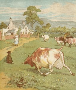 Dom, który zbudował Jack, akumulacyjna rymowanka. To krowa z zmiętym rogiem, który rzucił psa... Ilustracja autorstwa Randolpha Caldecotta. autorstwa Randolph Caldecott