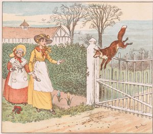Lis przeskakuje przez bramę proboszcza autorstwa Randolph Caldecott