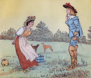 W takim razie nie mogę się z tobą ożenić, moja Śliczna Dziewico! Ilustracja autorstwa Randolpha Caldecotta do rymowanki „Mleczarka”. autorstwa Randolph Caldecott