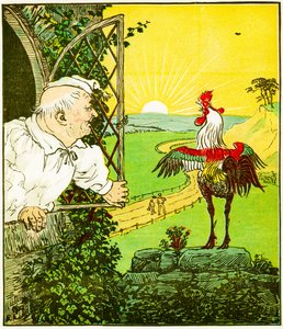 „To jest kogut, który zapiał nad ranem, który obudził sędziego ogolonego i ogolonego”, ilustracja z Domu, który zbudował Jack autorstwa Randolph Caldecott