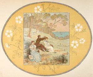 Dwie kobiety i mężczyzna siedzący na polanie niedaleko wybrzeża. Granica kwiatowy. autorstwa Randolph Caldecott