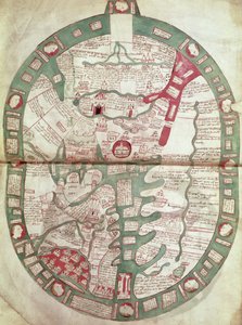 Roy.Ms.14 C. f.1 1v-2r Mapa świata z Jerozolimą jako centrum, Polychronicon, c.1380 (welum) autorstwa Ranulf Higden