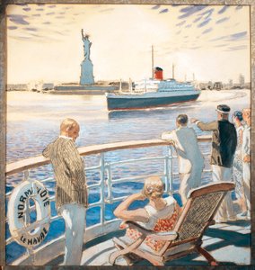 França, Amboise, viagem inaugural do navio a vapor Normandie, entrada do porto de Nova York, polimento aquarela