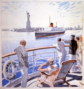 Transport. Morski. Przybycie transatlantyku Le Normandie do portu w Nowym Jorku. Ilustracja autorstwa Raoula du Gardiera