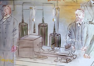 La Fee Electricite, szczegół: Portrety Wilhelma Conrada Rontgena (1845-1923), niemieckiego fizyka.1937 (obraz) autorstwa Raoul Dufy
