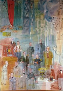 La Fee Electricite, szczegół: Portrety różnych intelektualistów i naukowców: Antonio Pacinotti, Zenobe Gram, Josiah Willard Gibbs, Charles Algernon Parsons, Marc Seguin, Auguste Camille Rateau, Jean Victor Celet i Michael Faraday. 1937 (obraz) autorstwa Raoul Dufy