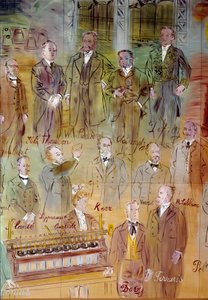 La Fee Electricite, szczegół: Portrety różnych intelektualistów i naukowców: Jules Francois Joubert, Elihu Thomson, Ernst Werner Siemens, Charles Proteus Steinmetz, Marcel Deprez, Gaston Plante, Gabriel Lippmann, John Kerr, Maurice Leblanc, Humphrey Da autorstwa Raoul Dufy