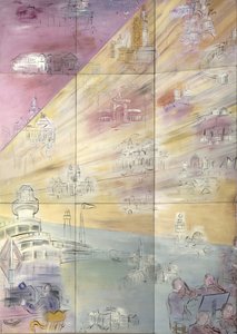 La Fee Electricite, szczegół lewej strony przedstawiający różne miasta autorstwa Raoul Dufy