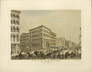 Narożnik ulic Lake i La Salle, Chicago, budynek Marine Bank w roku 1864