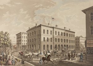 PÓŁNOCNY ZACHÓD. Róg ulic Dearborn i Monroe w Chicago, ukazujący budynek poczty w roku 1865