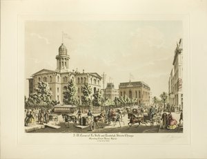 NW Corner of LaSalle i Randolph, Chicago, pokazuje plac Court House Square w roku 1864