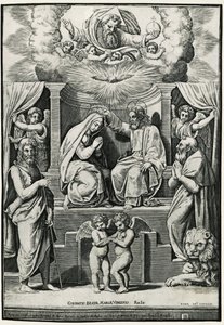 Koronacja NMP w obecności św. Jana Chrzciciela i św. Hieronima autorstwa Raphael (1483 1520) (after)