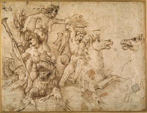 Bitwa pod Trytonami, wg Andrea Mantegna (pióro i brązowy tusz na białym papierze) autorstwa Raphael