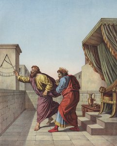 Izajasz informuje króla judzkiego Ezechiasza, że będzie żył jeszcze piętnaście lat (kolor lito) autorstwa after Raphael