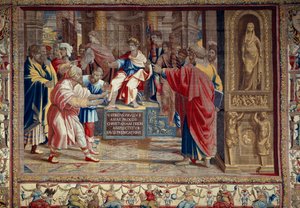 Życie apostoła Piotra i Pawła: „”kara żydowskiego maga Barjesu (Elymas), który sprzeciwił się Pawłowi i był chwilowo niewidomy””” Scena rozgrywa się przed rzymskim prokonsulem Lucjuszem Sergiuszem Pawłem i św. Barnabą. Możesz zobaczyć napis i autorstwa after Raphael