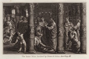 Rysunek Rafaela: Kulawy człowiek uzdrowiony przez Piotra i Jana, Dzieje Apostolskie, rozdział III (rycina) autorstwa after Raphael
