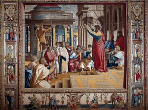 Apostoł św. Paweł wygłasza kazanie na aeropage Ateńskiego Gobelinu po namalowaniu na tekturze Raffaello Sanzio dit Raphaela (1483-1520), początek XVI w. Niedz. 4,95x6,45 m Mantua, pałac książęcy (Mantua)