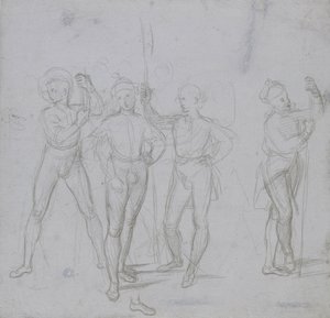 Grupa czterech stojących Żołnierzy (silverpoint na niebiesko-szarym preparacie na papierze w kolorze złamanej bieli) autorstwa Raphael