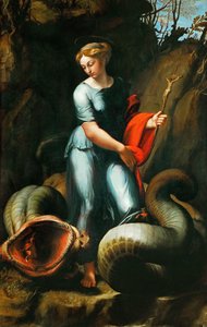 Margaret z Antiochii Pizydyjskiej (lub Saint Marine, Marina) (zm. ok. 305) - Saint Margaret - Raphael (Raffaello Sanzio da Urbino) (1483-1520). Olej na drewnie, ok. 1518. Rozmiar: 191,3x123 cm. Muzeum Historii Sztuki, Wiedeń autorstwa Raphael