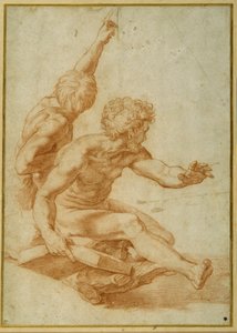 Studia aktu dla św. Andrzeja i innego apostoła w „Przemienieniu” (czerwona kreda nad wcięciem rylca na kremowym papierze) autorstwa Raphael