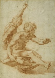 Studia aktu dla św. Andrzeja i innego apostoła w „Przemienieniu”, ok. 1517 (czerwona kreda nad wcięciem rylca na kremowym papierze) autorstwa Raphael