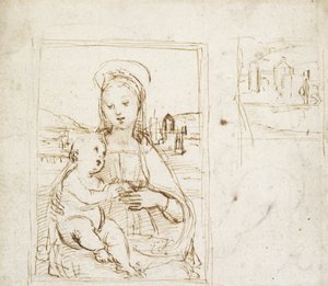 Studium dla obrazu Matki Boskiej z Dzieciątkiem (pióro i brązowy tusz na metalpoint na białym papierze) autorstwa Raphael