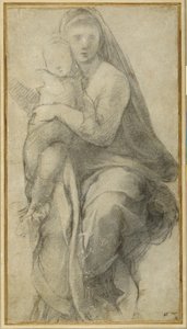 Dziewica z Dzieciątkiem (czarna kreda na szarym papierze) autorstwa Raphael