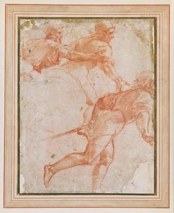 Żołnierz biegnący w prawo i dwóch jeźdźców konnych z wyciągniętymi ramionami autorstwa Raphael