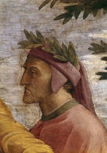 Spór. Szczegół: Fresk Dante Alighieri w Stanza della Segnatura, ok. 1510-1511. autorstwa Raphael
