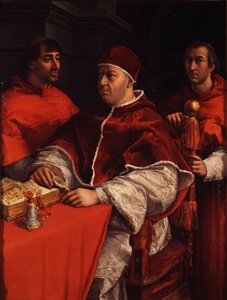 Portret papieża Leona X z kardynałami Giulio de Medici i Luigim de Rossi, ok. 1518 autorstwa Raffaello Sanzio Raphael