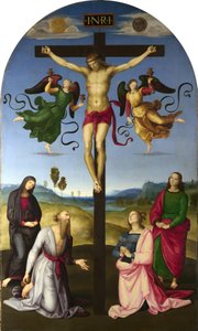Ukrzyżowany Chrystus z Maryją Panną, świętymi i aniołami autorstwa Raphael