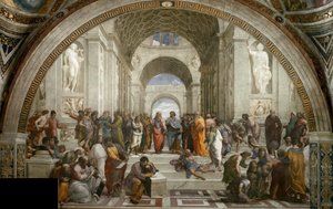 Szkoła Ateńska. Fresk w Stanza della Segnatura, ok. 1510-1511. autorstwa Raphael