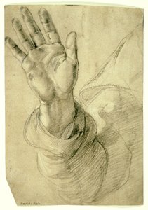 Uniesiona prawa ręka, z dłonią skierowaną na zewnątrz: Studium św. Piotra, 1518-20 autorstwa Raphael