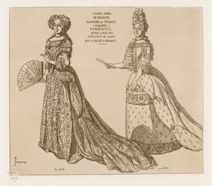 Stroje dworskie. Marie Anne de Baviere, Dauphine z Francji, poślubiła syna króla Ludwika XIV. Po grafice w kolekcji Bonnart. autorstwa Raphael Jacquemin