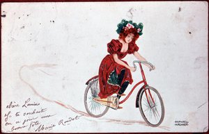 Pocztówka przedstawiająca kobietę na rowerze - ilustracja R. Kirchner, v.1900
