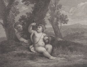 Niemowlę Bachus siedzące pod drzewem, trzymające kieliszek wina, a za nim inne niemowlę..., 1780