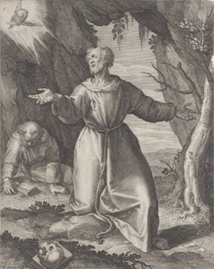Św. Franciszek klęczący z rozpostartymi ramionami, patrzący w stronę cherubinka w lewym górnym rogu..., 1599.