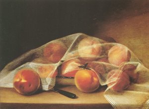 Kawałki owoców z brzoskwiniami przykryte chusteczką - raphaelle peale autorstwa Raphaelle Peale