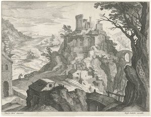 Krajobraz ze świątynią Westy w Tivoli autorstwa Raphaël Sadeler (I) (attributed to)