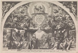Zwiastowanie z sześcioma prorokami i chórami aniołów autorstwa Raphaël Sadeler (I)