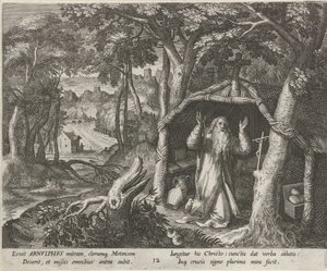 Święty Arnold z Metzu jako pustelnik Cnotliwe życie pustelników (tytuł serii) Trophaeum vitae solitariae (tytuł serii) autorstwa Raphaël Sadeler (I)