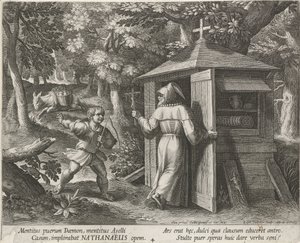 Święty Bartłomiej jako pustelnik Pustelnicy (tytuł serii) Oraculum Anachoreticum (tytuł serii) autorstwa Raphaël Sadeler (I)